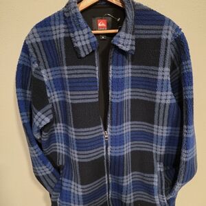 Quiksilver Men's Blue and Gray Plaid Sherpa Zip-Up